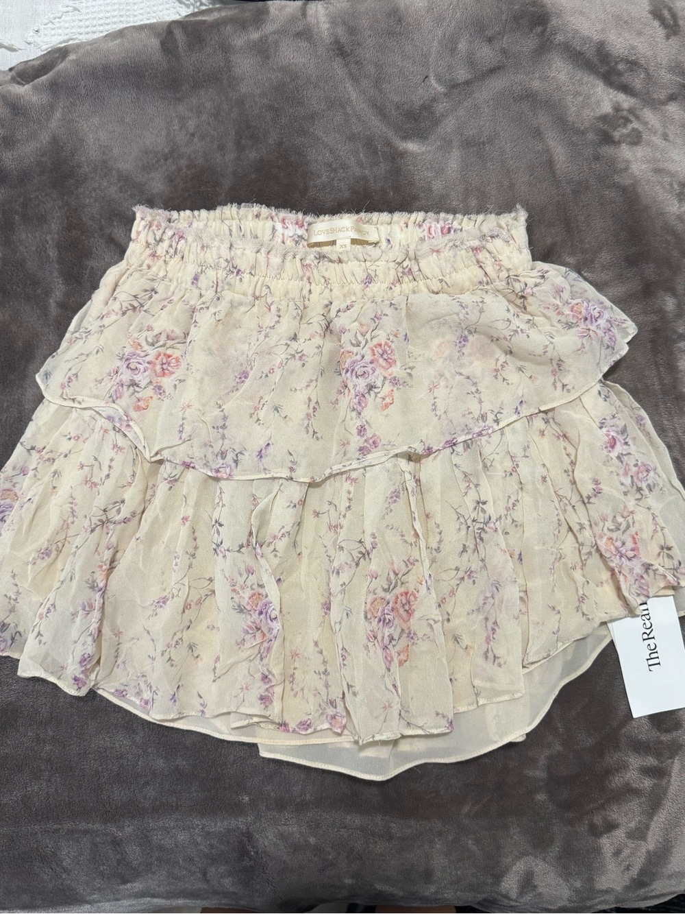 LoveShackFancy Floral Tiered Ruffle Mini Skirt - Cream with Pink & Lavender